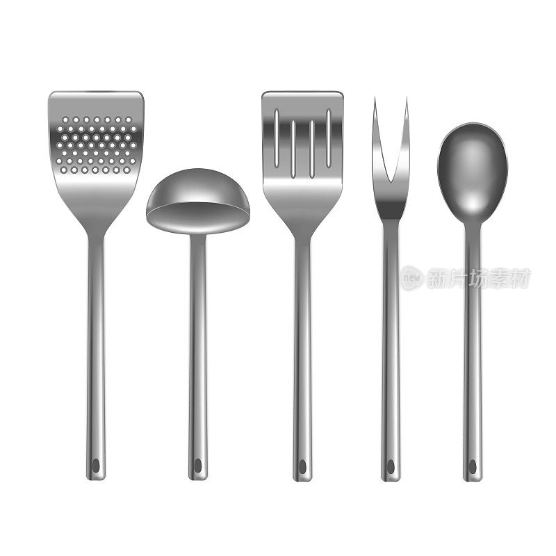 Realistic Metal Kitchen Utensils Set. Vector